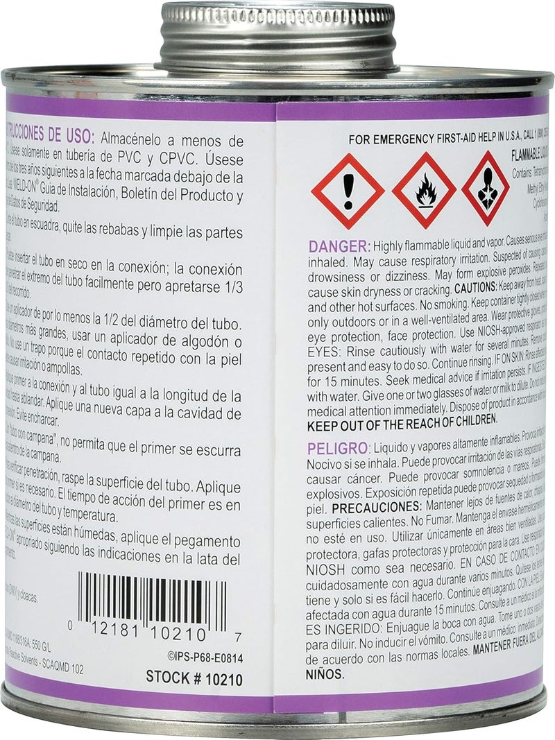 IPS WELD-ON 10210 P-68 PVC/CPVC Non-Bodied Primer - Fast Acting and Low-VOC, Purple, 1 Quart (32 fl oz) - Image 4